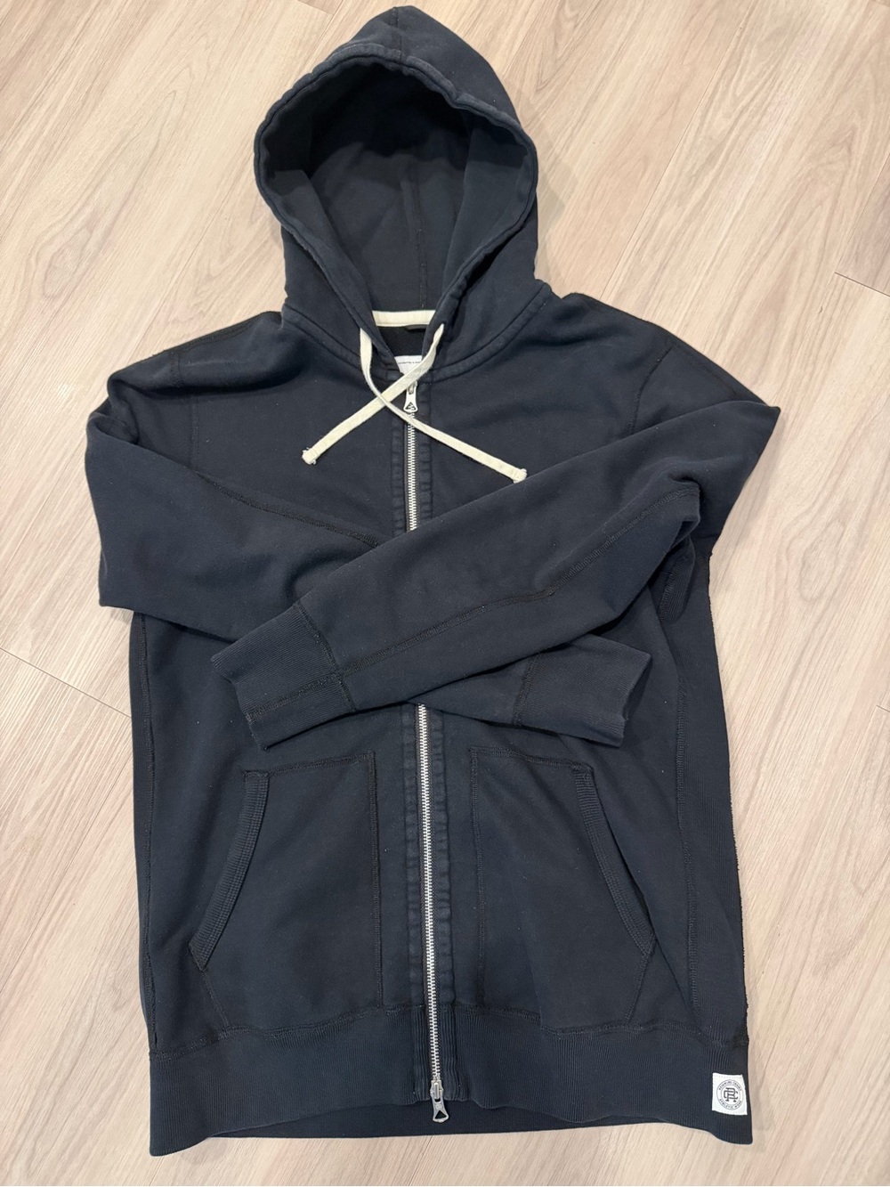Reigning Champ Black Full-Zip Hooded Sweatshirt with Cream Drawcord